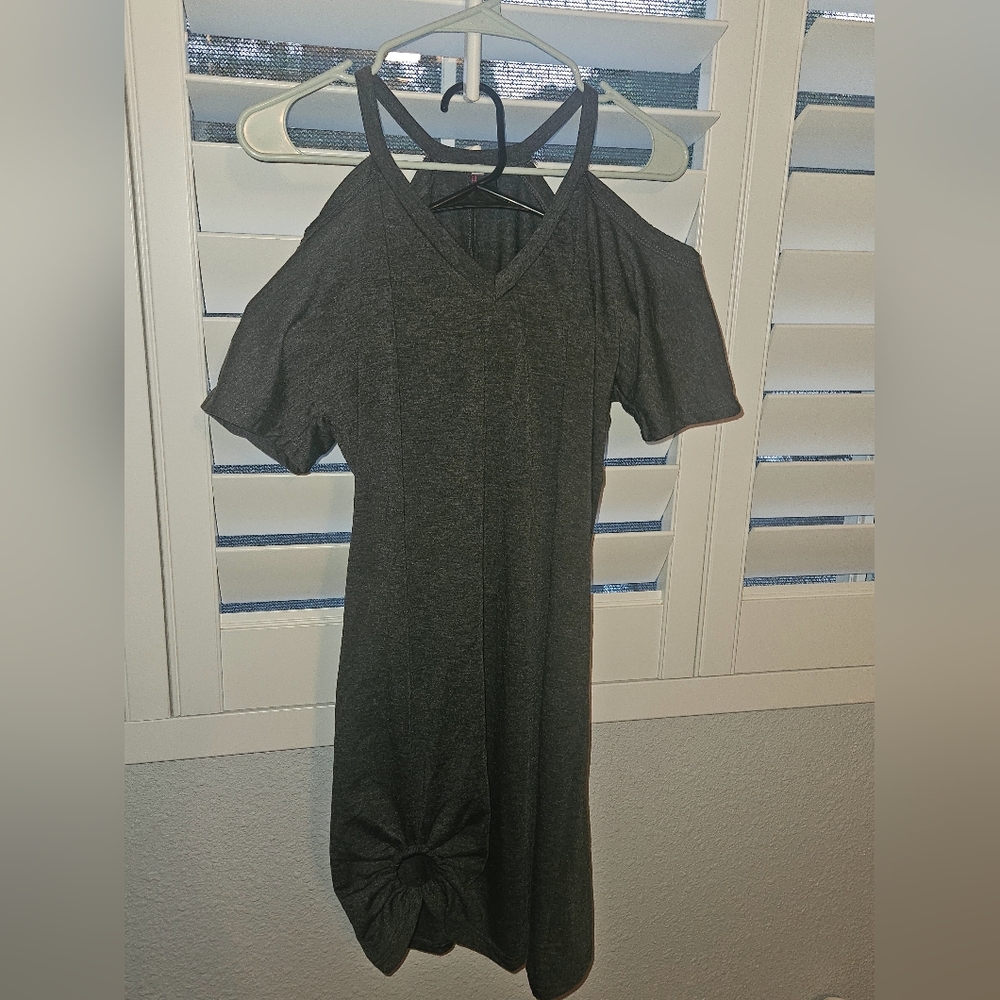 Small v neck grey off the shoulder cotton dress from SHEIN